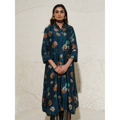 Meghna Panchmatia Navy Blue Floral Art Jacket with Top and Pant (Set of 3)
