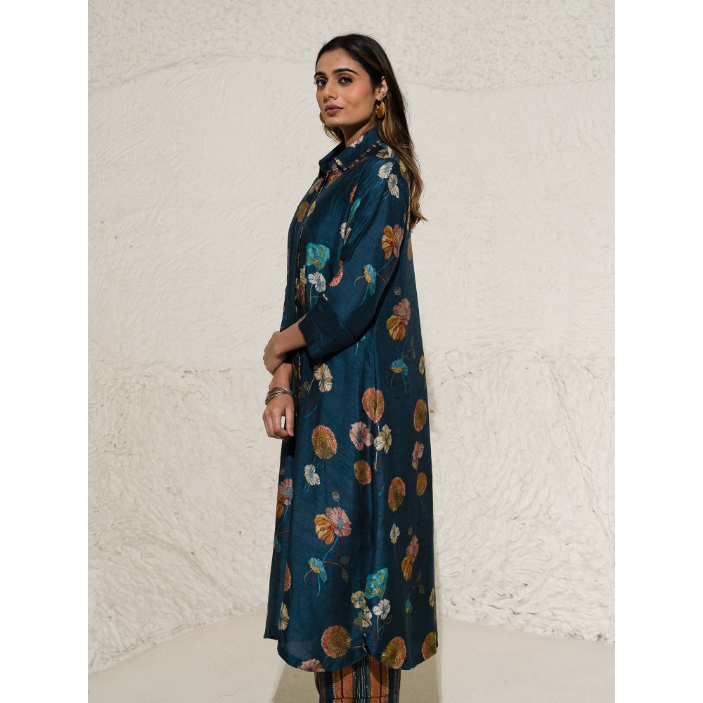 Meghna Panchmatia Navy Blue Floral Art Jacket with Top and Pant (Set of 3)