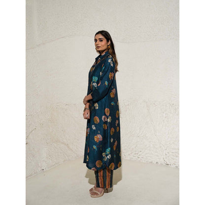 Meghna Panchmatia Navy Blue Floral Art Jacket with Top and Pant (Set of 3)