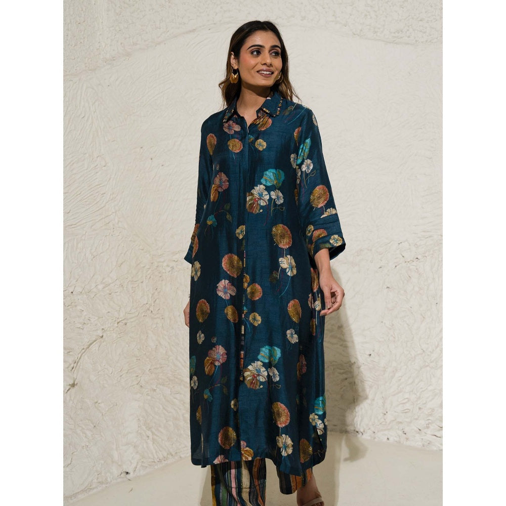 Meghna Panchmatia Navy Blue Floral Art Jacket with Top and Pant (Set of 3)
