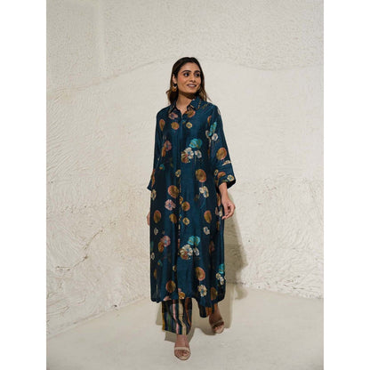 Meghna Panchmatia Navy Blue Floral Art Jacket with Top and Pant (Set of 3)