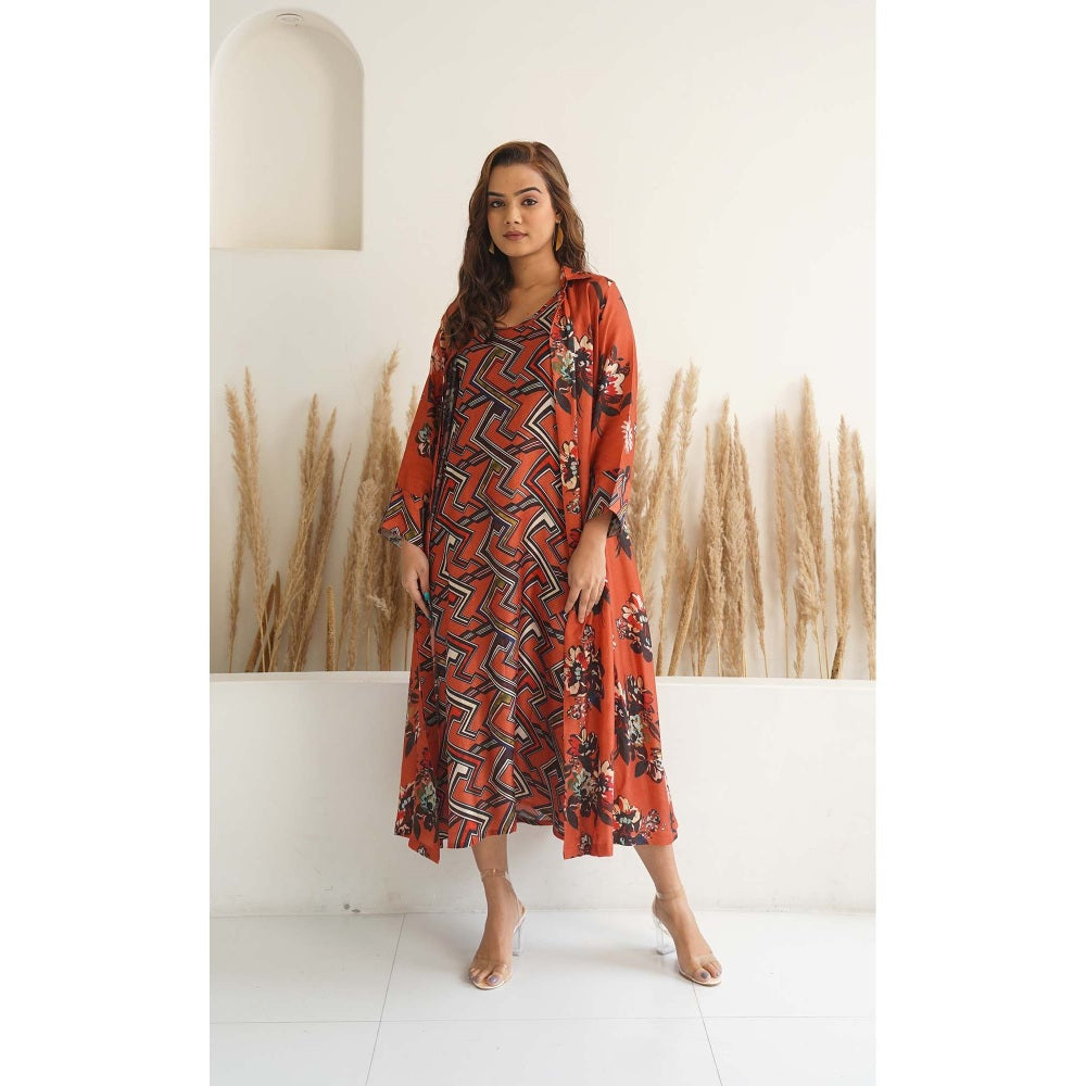 Meghna Panchmatia Orange Floral Jacket with Dress (Set of 2)