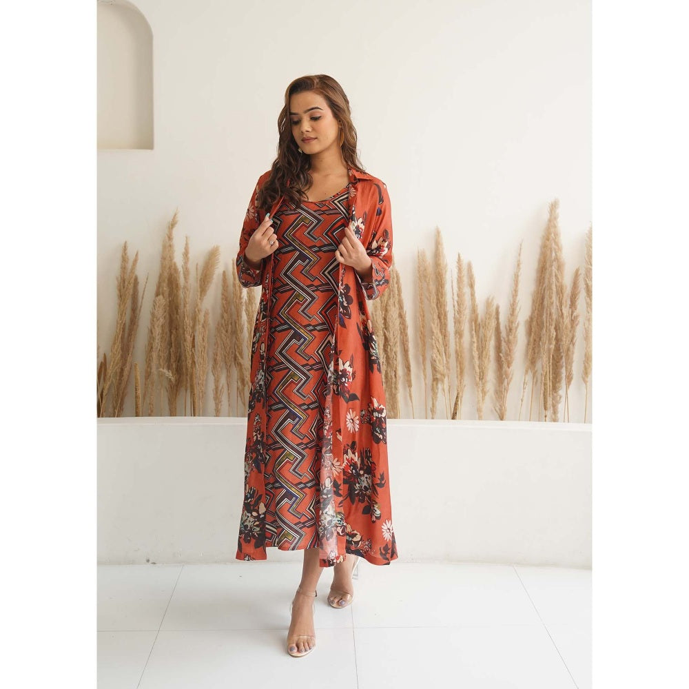 Meghna Panchmatia Orange Floral Jacket with Dress (Set of 2)