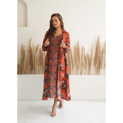 Meghna Panchmatia Orange Floral Jacket with Dress (Set of 2)