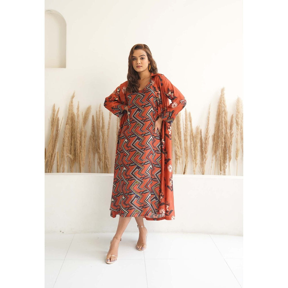 Meghna Panchmatia Orange Floral Jacket with Dress (Set of 2)