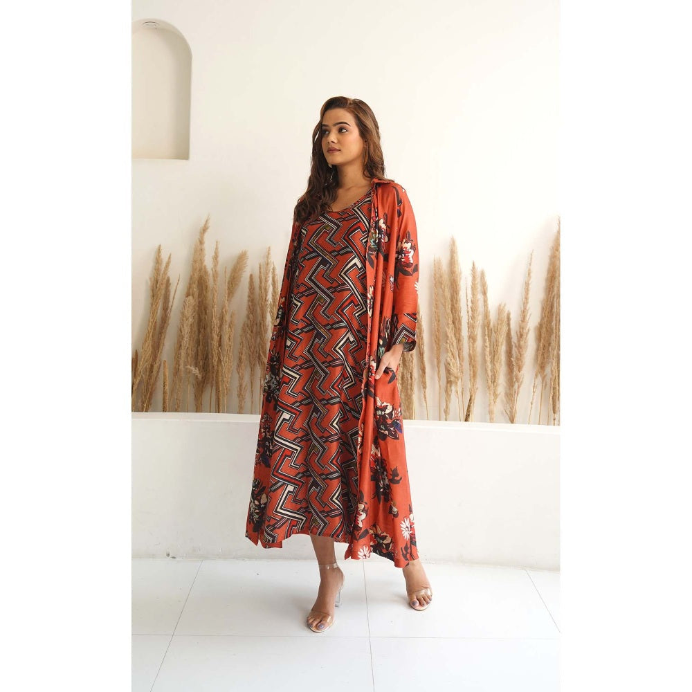 Meghna Panchmatia Orange Floral Jacket with Dress (Set of 2)