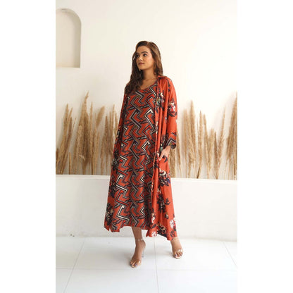 Meghna Panchmatia Orange Floral Jacket with Dress (Set of 2)