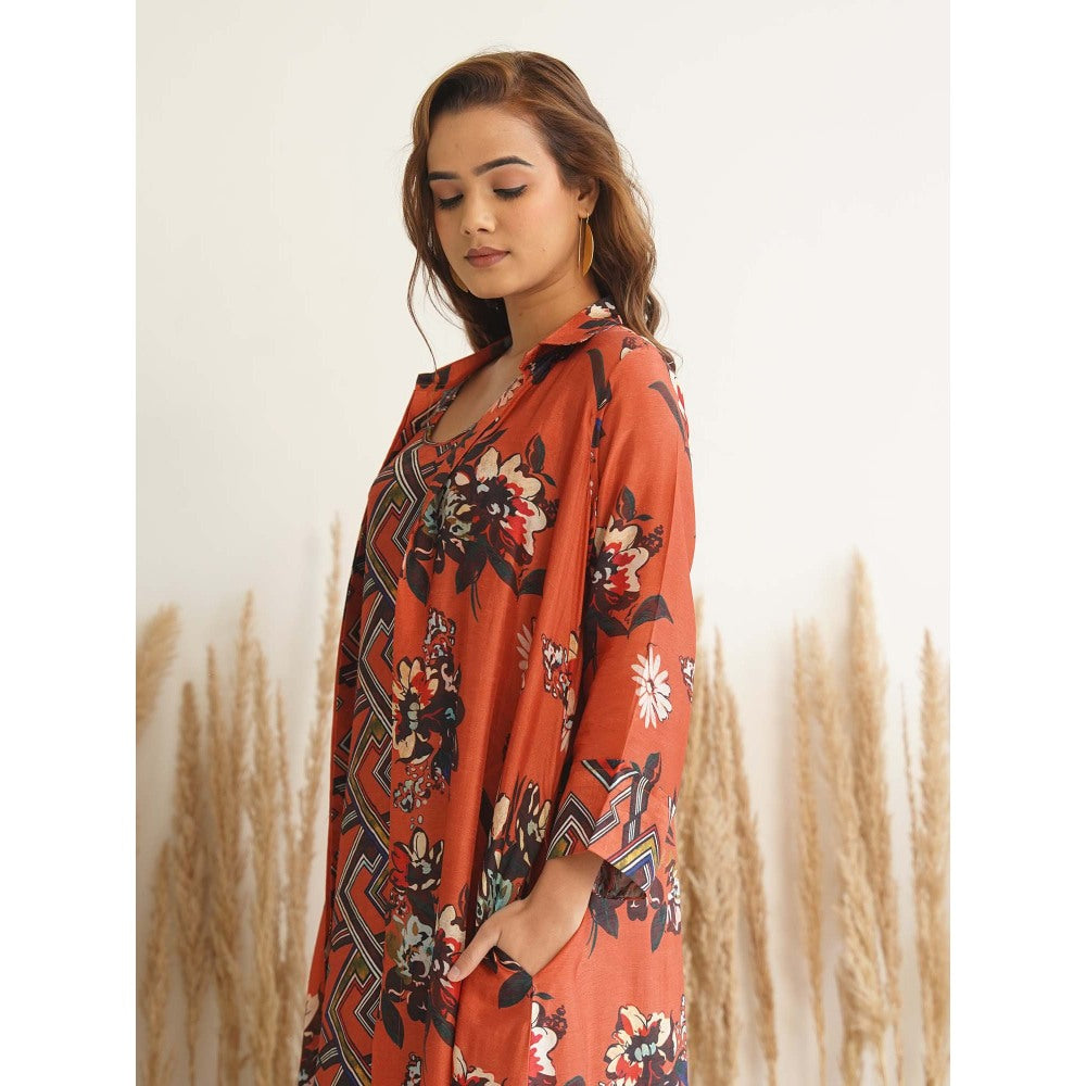 Meghna Panchmatia Orange Floral Jacket with Dress (Set of 2)
