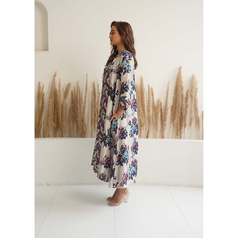 Meghna Panchmatia Beige Floral Jacket with Dress (Set of 2)