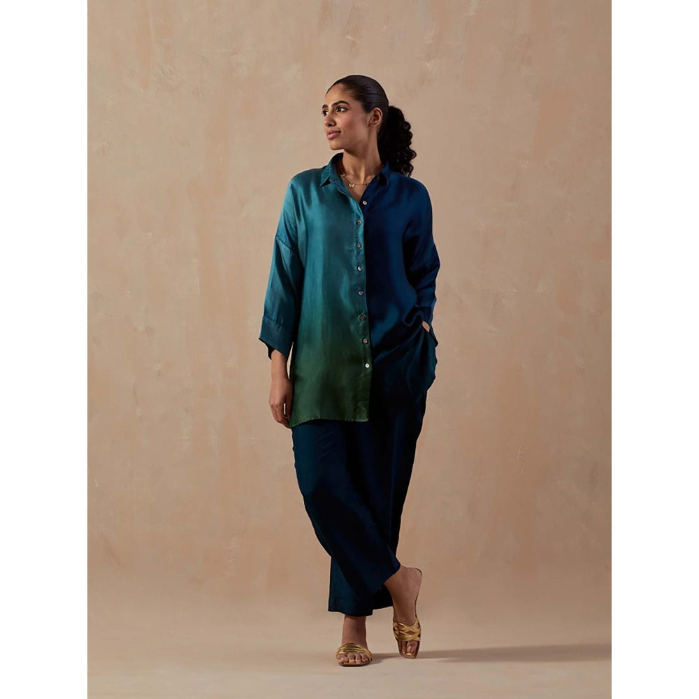 Meghna Panchmatia Teal Blue Ombre Satin Shirt with Pant (Set of 2)