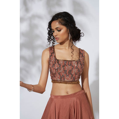 MEHAK MURPANA Burnt Orange Lehenga with Embroidered Blouse (Set of 2)