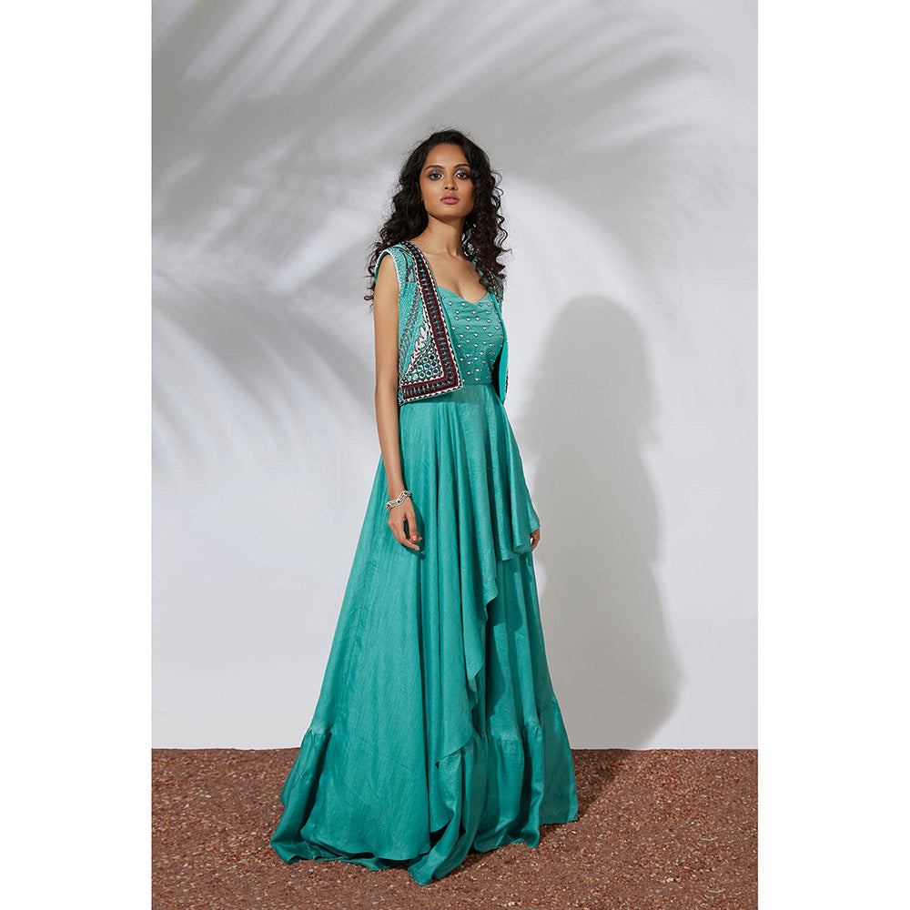 MEHAK MURPANA Aqua Asymmetrical Gown with Embroidered Crop Jacket (Set of 2)