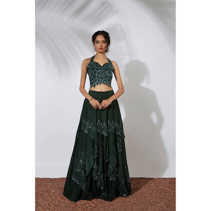 MEHAK MURPANA Forest Green 32 Panels Embroidered Lehenga with Blouse (Set of 2)