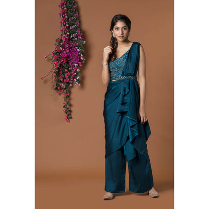 MEHAK MURPANA Teal Pant Saree with Blouse and Belt (Set of 4) with Stitched