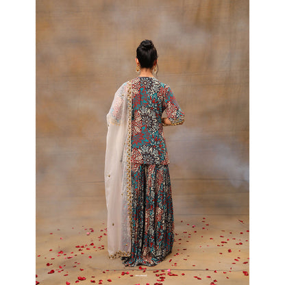 MEHAK MURPANA Green Printed Embroidered Short Kurta with Sharara (Set of 2)
