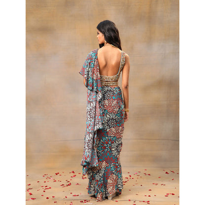 MEHAK MURPANA Green Printed Embroidered Ruffle Saree with Stitched Blouse and Belt