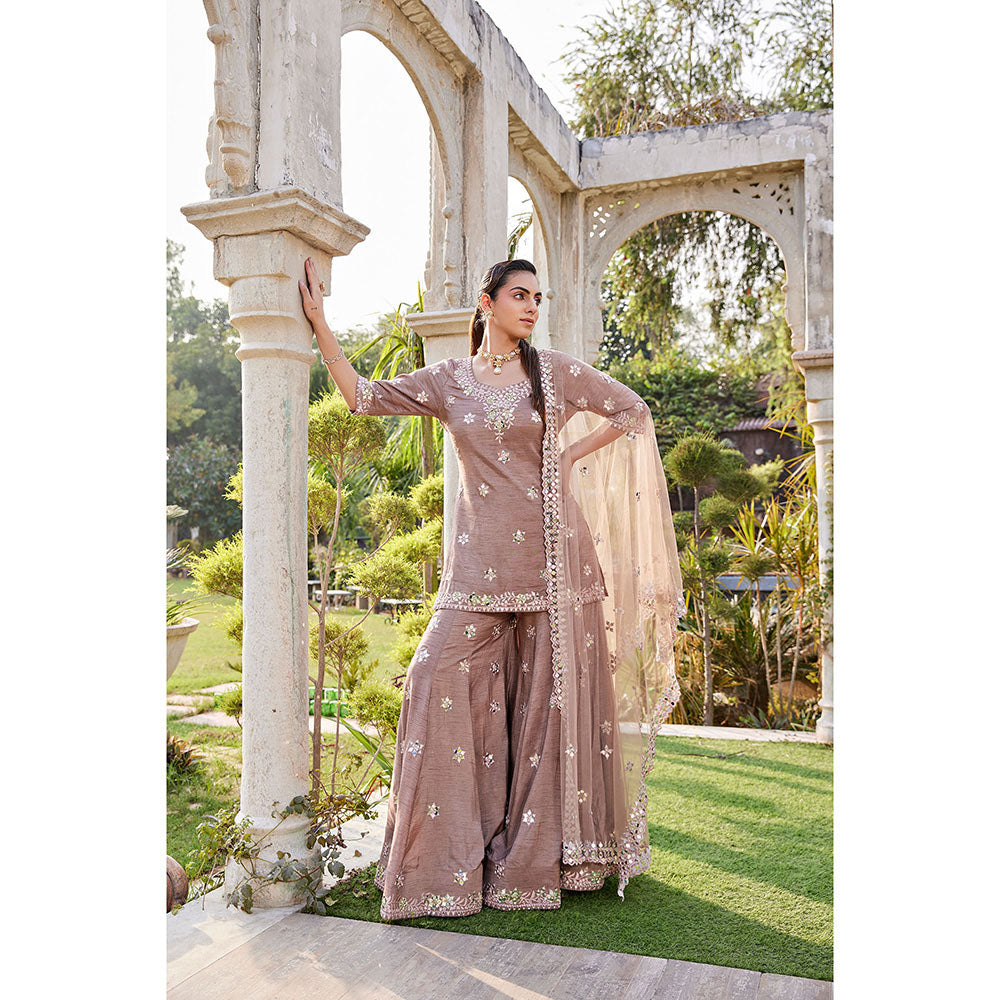 MEHAK MURPANA Coffee Mirror Embroidered Short Kurta Sharara and Dupatta (Set of 3)