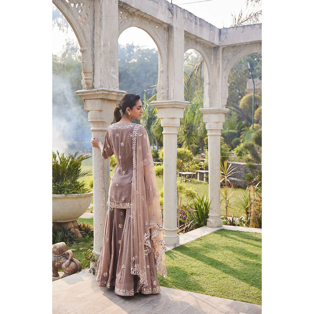 MEHAK MURPANA Coffee Mirror Embroidered Short Kurta Sharara and Dupatta (Set of 3)