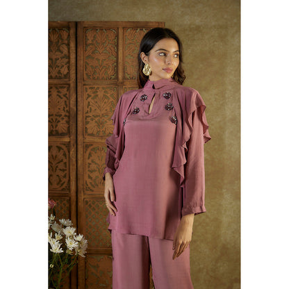 MEHAK MURPANA Rose Pink Ruffle Co-Ord with Embroidery (Set of 2)