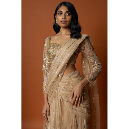 MEHAK MURPANA Gold Pre-Draped Cocktail Saree with Stitched Blouse