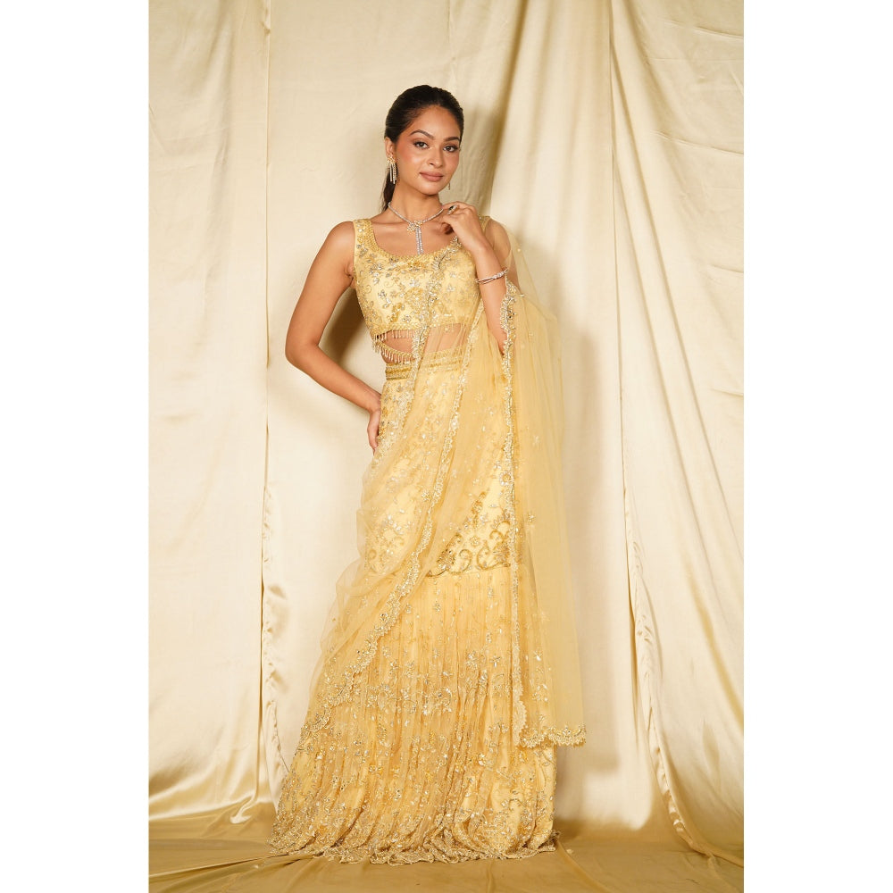 MEHAK MURPANA Gold Embroidered Fish Cut Lehenga with Blouse and Dupatta (Set of 3)