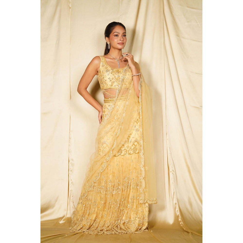 MEHAK MURPANA Gold Embroidered Fish Cut Lehenga with Blouse and Dupatta (Set of 3)