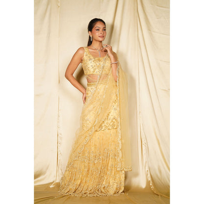 MEHAK MURPANA Gold Embroidered Fish Cut Lehenga with Blouse and Dupatta (Set of 3)