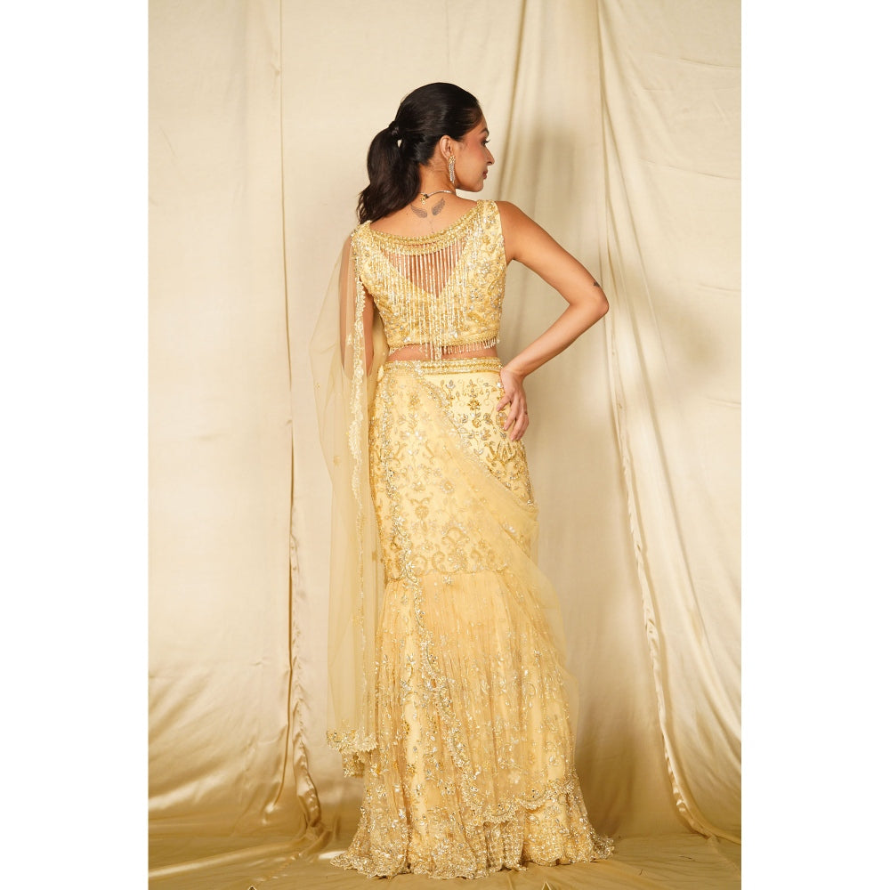 MEHAK MURPANA Gold Embroidered Fish Cut Lehenga with Blouse and Dupatta (Set of 3)