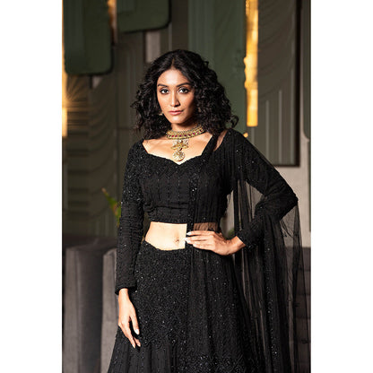 Midushi Bajoria Black Heavy Georgette Lehenga with Hand Embroidery Blouse & Dupatta (Set of 3)