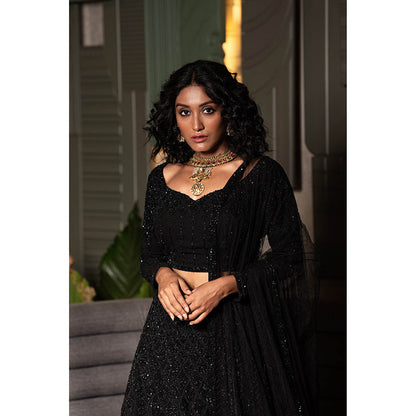 Midushi Bajoria Black Heavy Georgette Lehenga with Hand Embroidery Blouse & Dupatta (Set of 3)