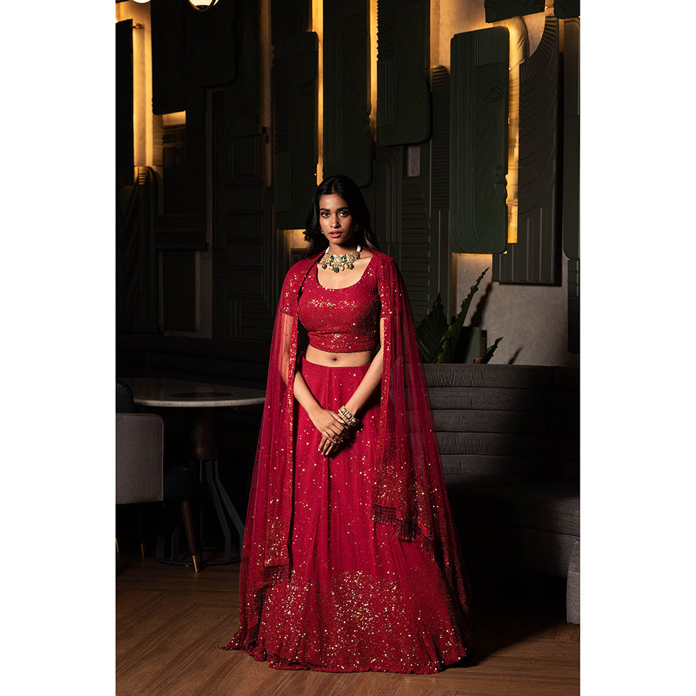 Midushi Bajoria Maroon Georgette Lehenga with Hand Embroidery Blouse & Dupatta (Set of 3)