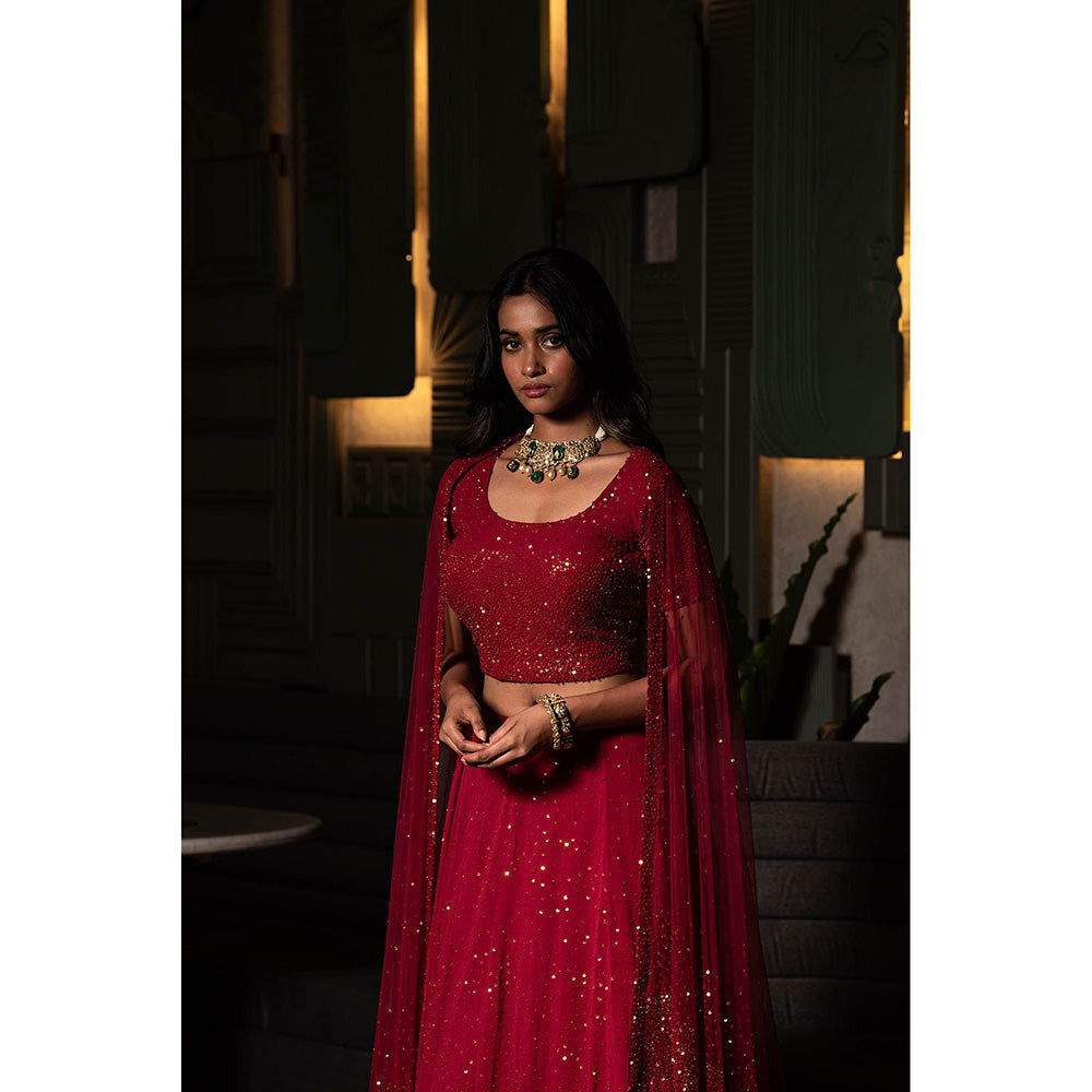 Midushi Bajoria Maroon Georgette Lehenga with Hand Embroidery Blouse & Dupatta (Set of 3)