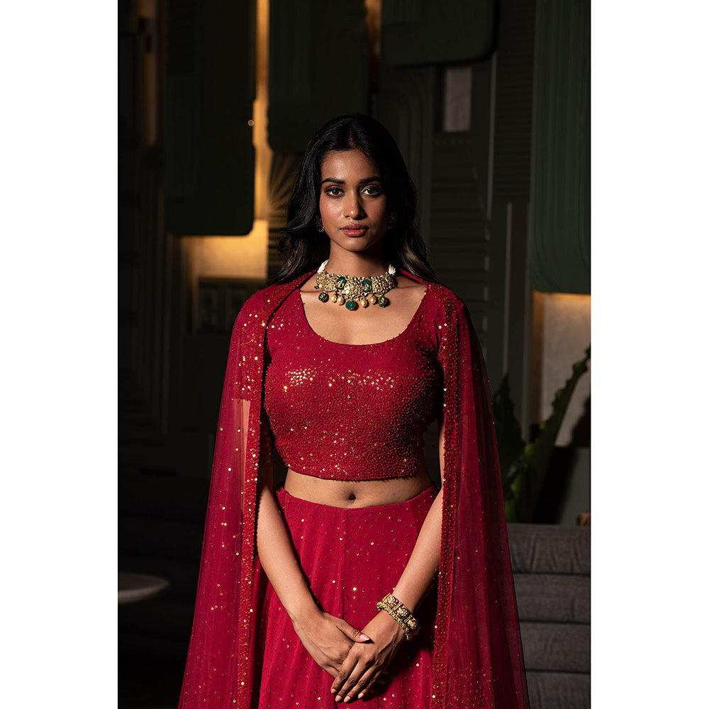 Midushi Bajoria Maroon Georgette Lehenga with Hand Embroidery Blouse & Dupatta (Set of 3)