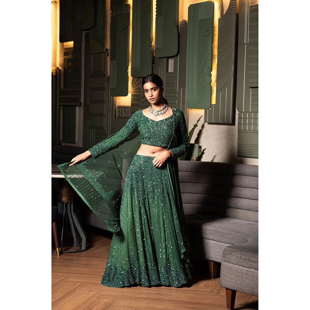 Midushi Bajoria Green Georgette Lehenga with Hand Embroidery Blouse & Dupatta (Set of 3)