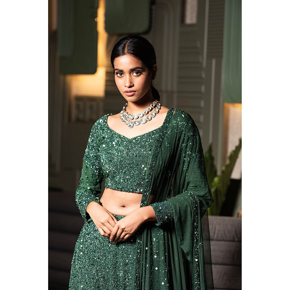 Midushi Bajoria Green Georgette Lehenga with Hand Embroidery Blouse & Dupatta (Set of 3)