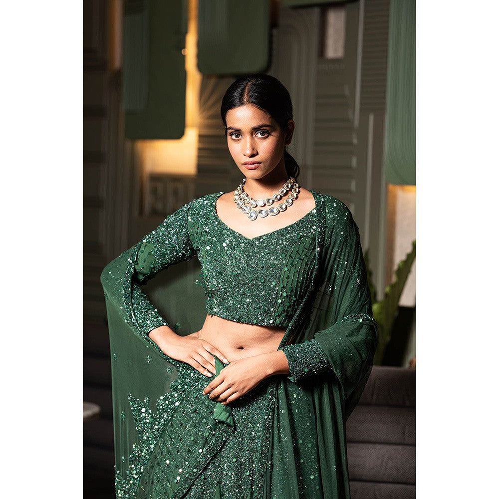 Midushi Bajoria Green Georgette Lehenga with Hand Embroidery Blouse & Dupatta (Set of 3)