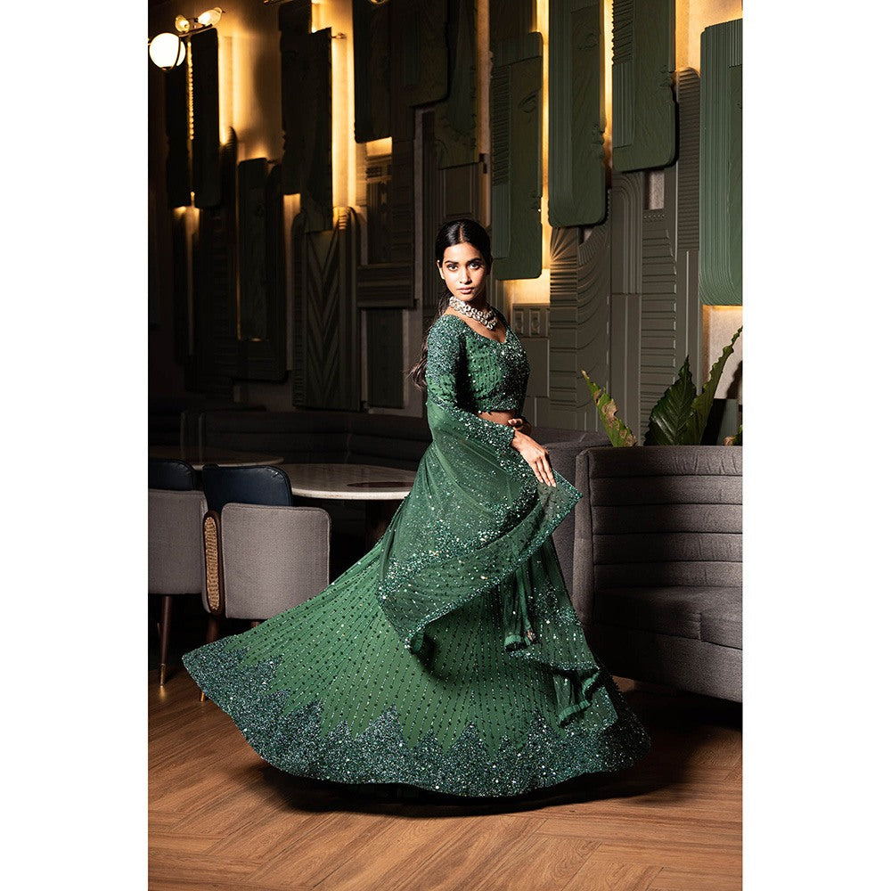 Midushi Bajoria Green Georgette Lehenga with Hand Embroidery Blouse & Dupatta (Set of 3)