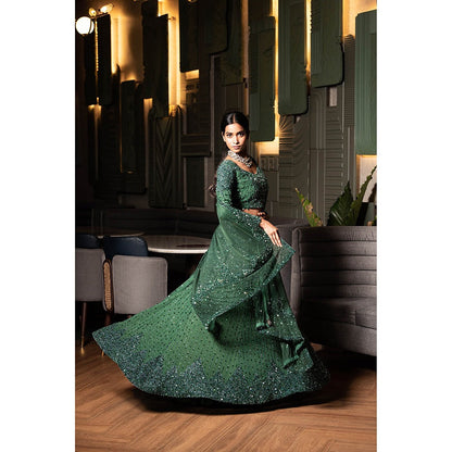 Midushi Bajoria Green Georgette Lehenga with Hand Embroidery Blouse & Dupatta (Set of 3)