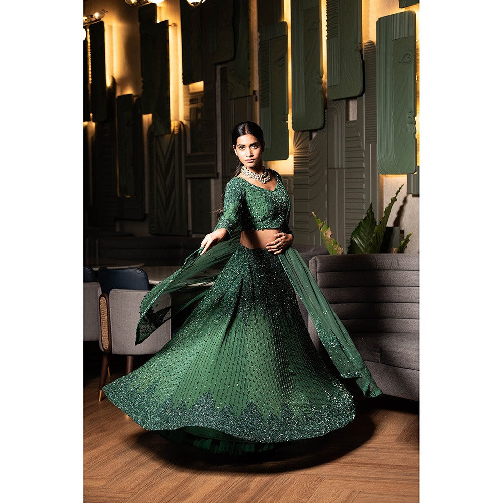 Midushi Bajoria Green Georgette Lehenga with Hand Embroidery Blouse & Dupatta (Set of 3)