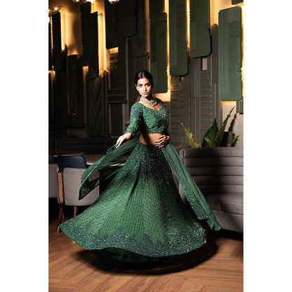 Midushi Bajoria Green Georgette Lehenga with Hand Embroidery Blouse & Dupatta (Set of 3)