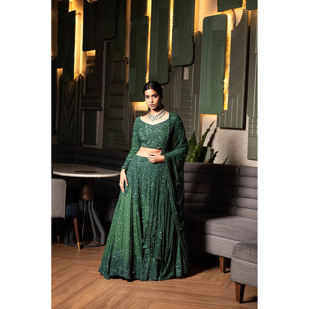 Midushi Bajoria Green Georgette Lehenga with Hand Embroidery Blouse & Dupatta (Set of 3)