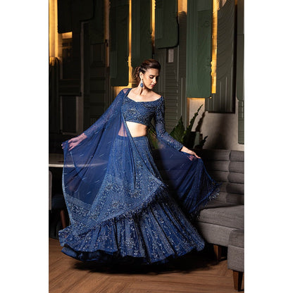 Midushi Bajoria Navy Blue Heavy Tulle Lehenga with Hand Embroidery Blouse & Dupatta (Set of 3)
