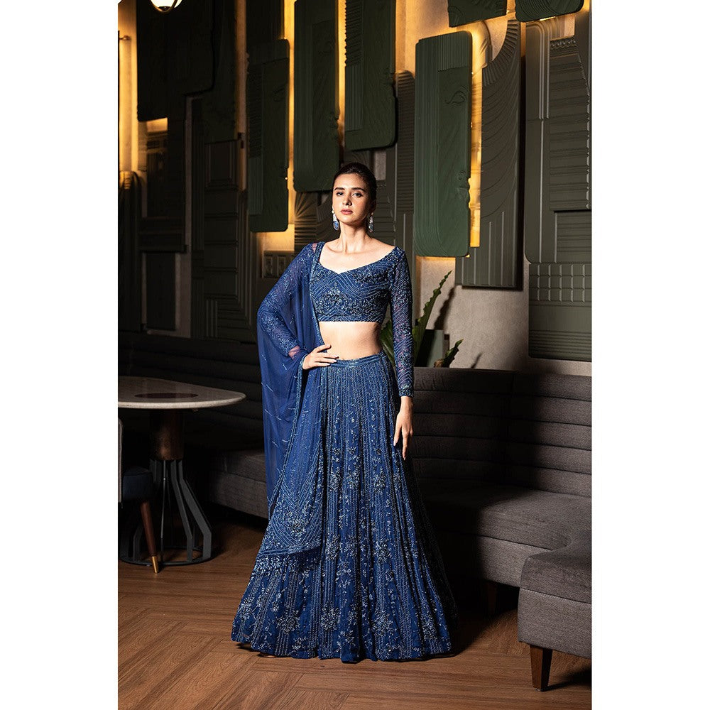 Midushi Bajoria Navy Blue Heavy Tulle Lehenga with Hand Embroidery Blouse & Dupatta (Set of 3)