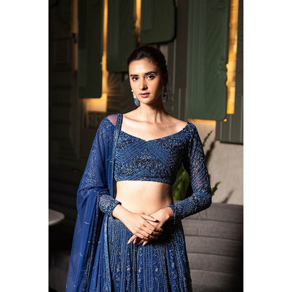 Midushi Bajoria Navy Blue Heavy Tulle Lehenga with Hand Embroidery Blouse & Dupatta (Set of 3)