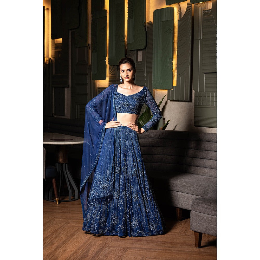 Midushi Bajoria Navy Blue Heavy Tulle Lehenga with Hand Embroidery Blouse & Dupatta (Set of 3)