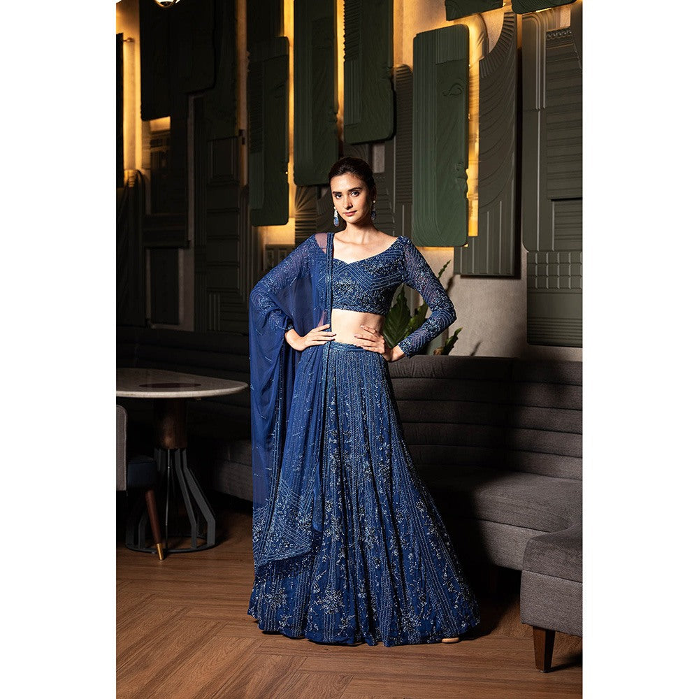 Midushi Bajoria Navy Blue Heavy Tulle Lehenga with Hand Embroidery Blouse & Dupatta (Set of 3)