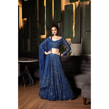 Midushi Bajoria Navy Blue Heavy Tulle Lehenga with Hand Embroidery Blouse & Dupatta (Set of 3)