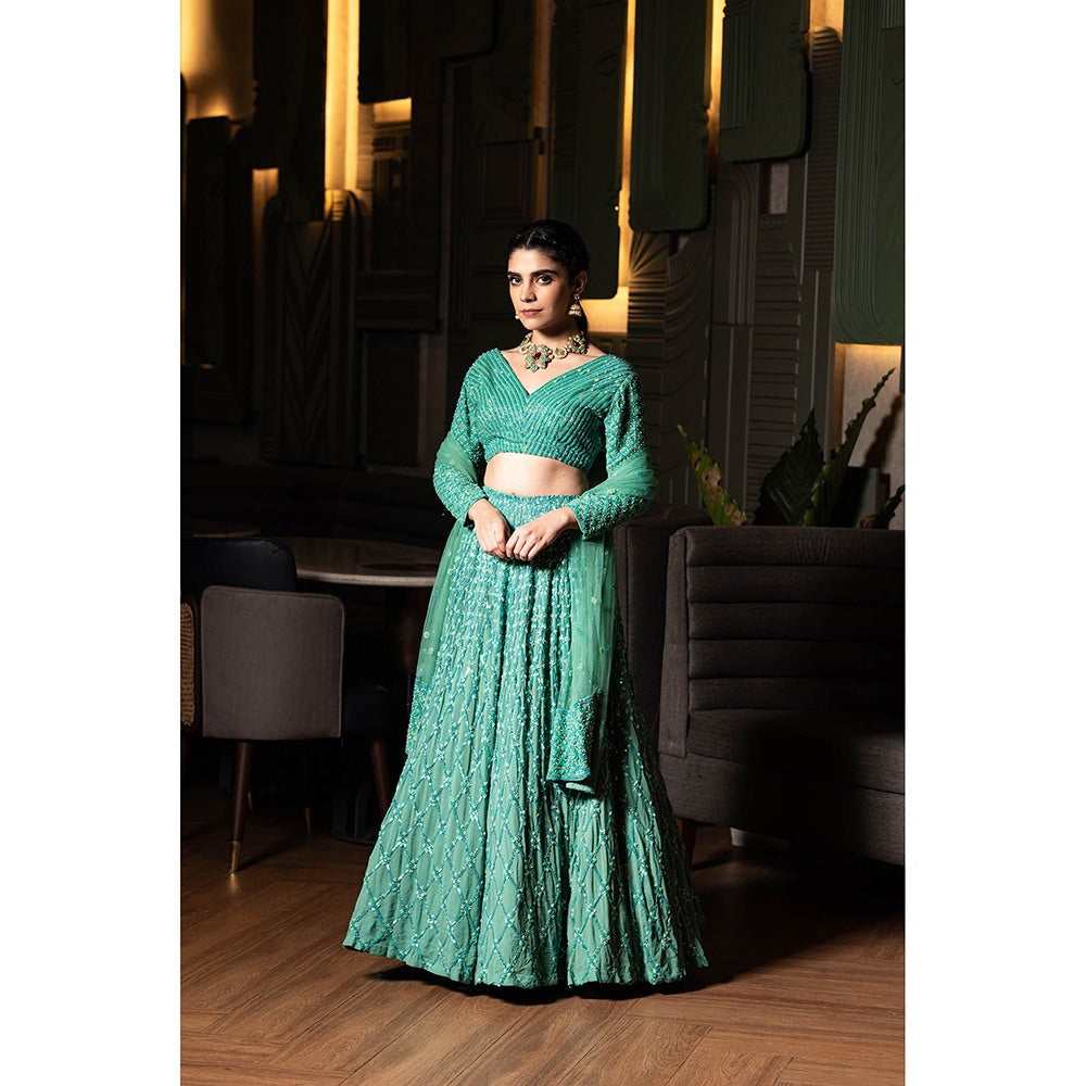 Midushi Bajoria Green Heavy Georgette Lehenga with Hand Embroidery Blouse & Dupatta (Set of 3)