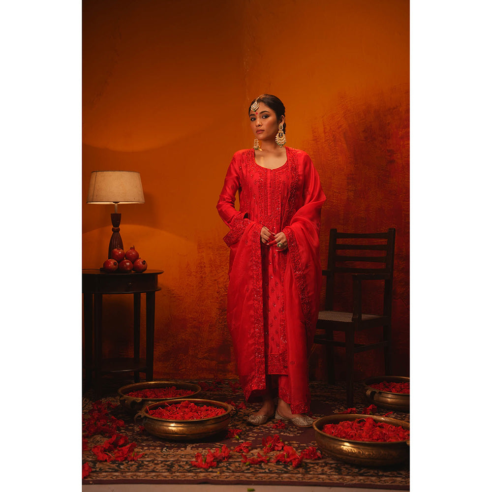 Midushi Bajoria Red Shubh Kurta with Pant & Dupatta (Set of 3)