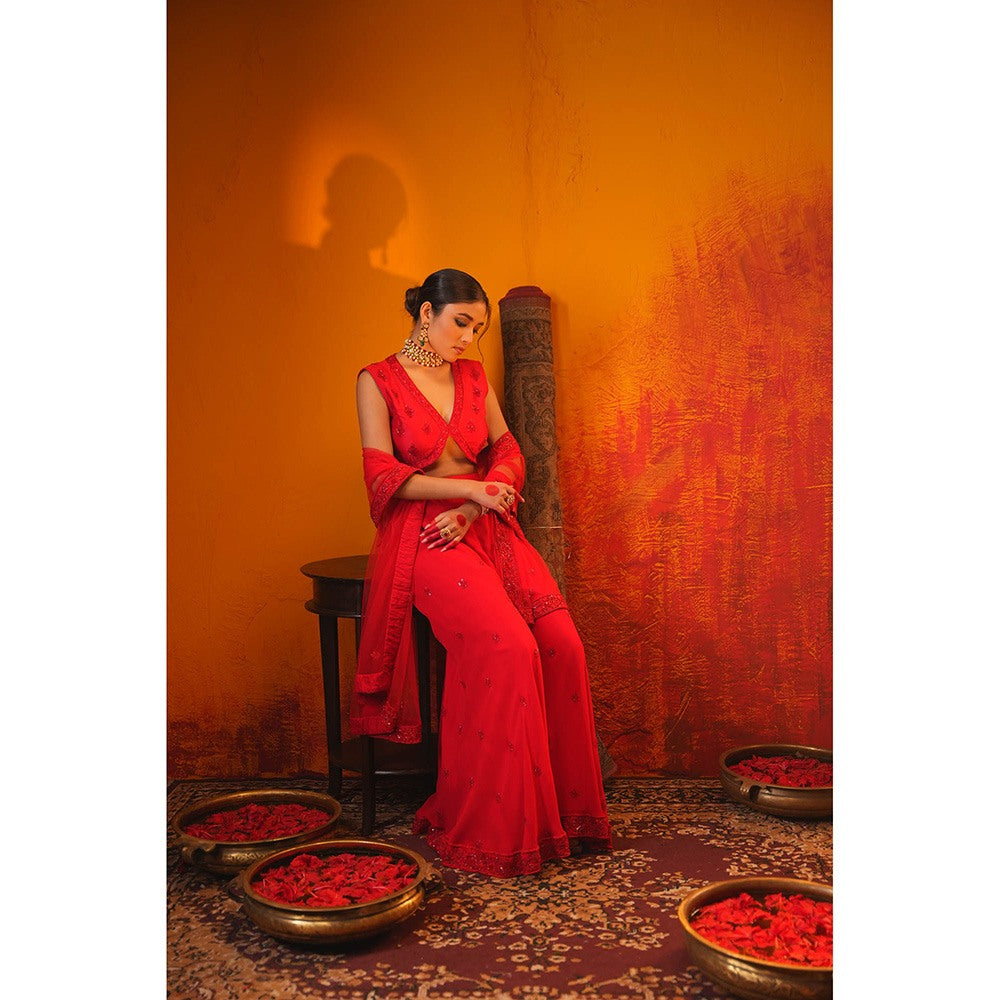 Midushi Bajoria Red Rusi Crop Top with Sharara & Dupatta (Set of 3)